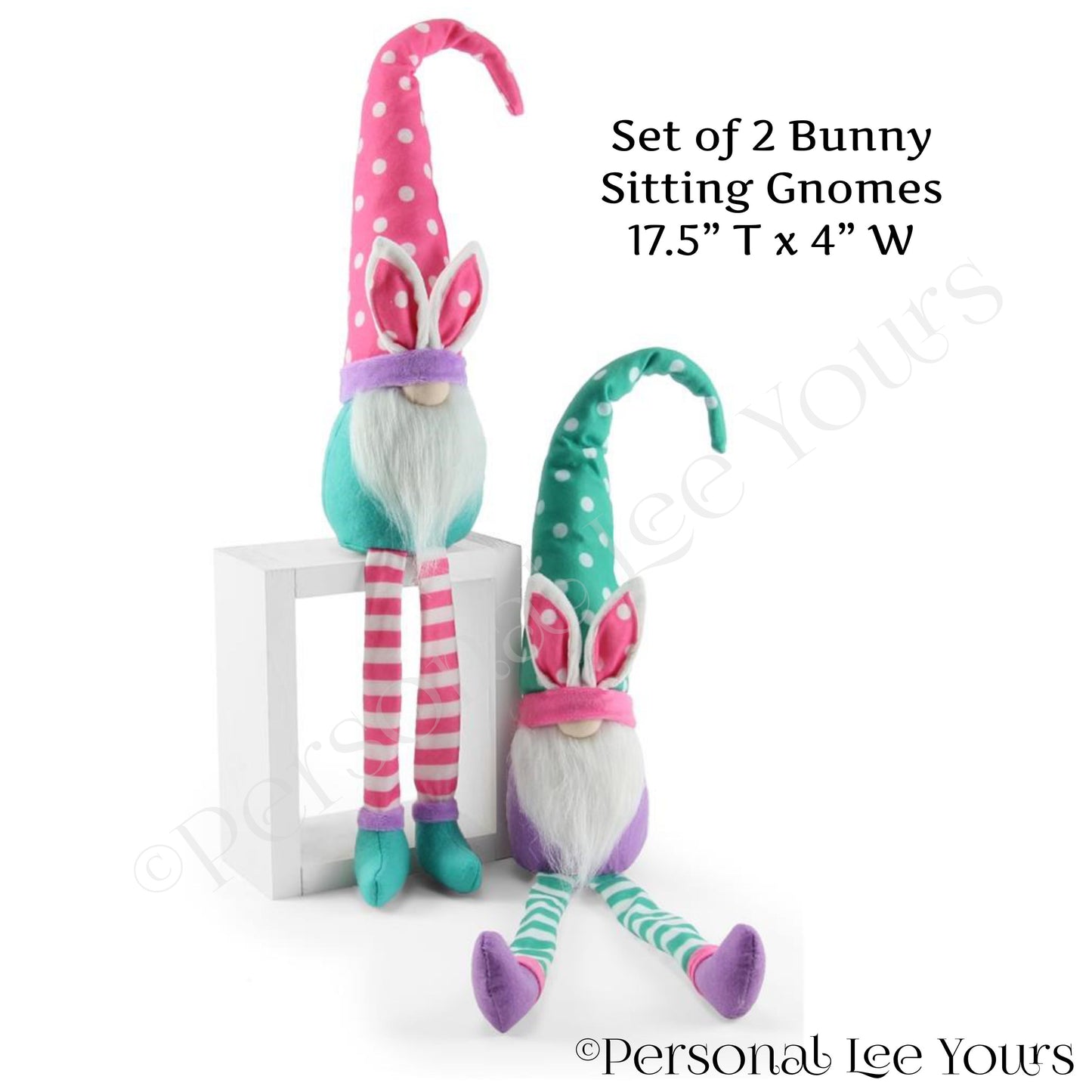 Plush Bunny Sitting Gnomes * Set of 2 * 17.5" T x 4" W * Pink, Blue, Mint Lavender and White * 1 of Each Design * HE4158