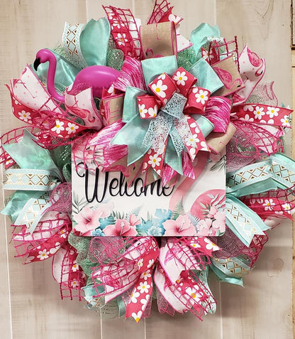 Metal Wreath Sign * Flamingo Welcome * 3 Sizes * Lightweight