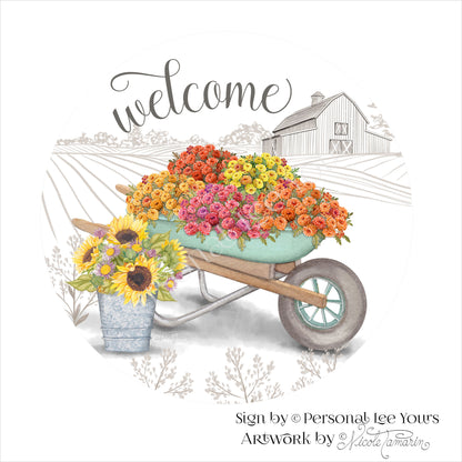 Nicole Tamarin Exclusive Sign * Flowering Welcome * Farmhouse * Round * Lightweight Metal