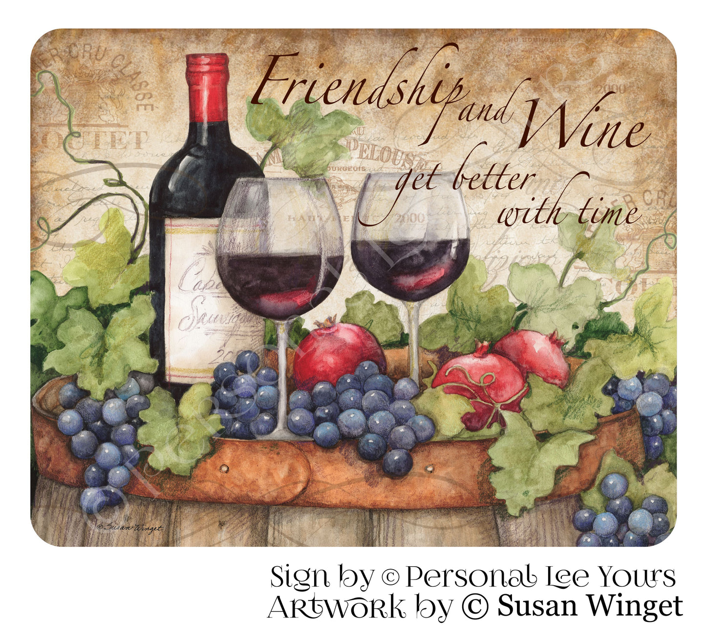 Susan Winget Exclusive Sign * Friendship and Wine * 2 Sizes * Lightweight Metal