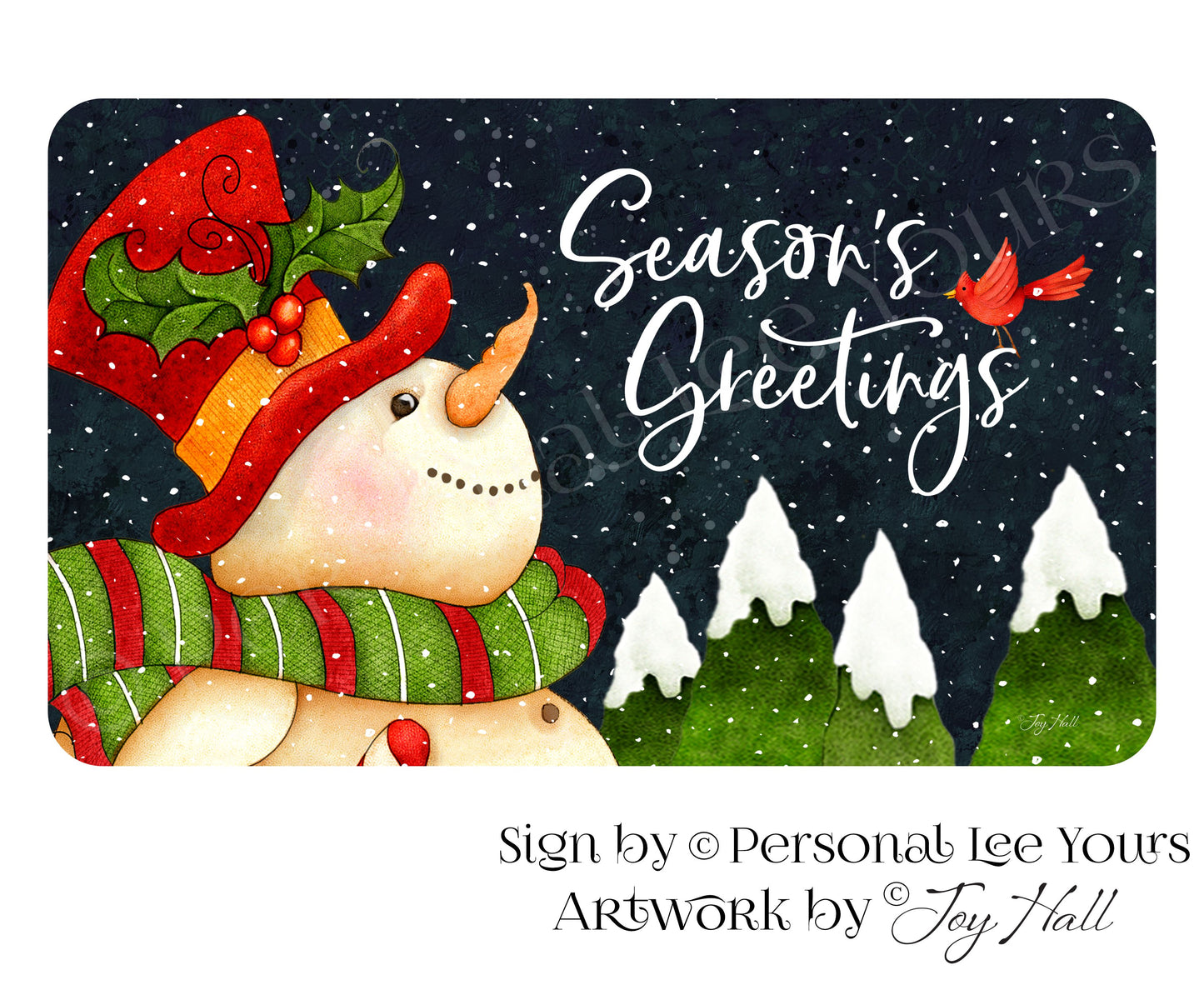 Joy Hall Exclusive Sign * Season's Greetings Snowman * Horizontal * 3 Sizes * Lightweight Metal