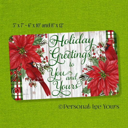 Christmas Wreath Sign * Holiday Greetings ~ Cardinals and Poinsettia * Horizontal * 3 Sizes * Lightweight Metal