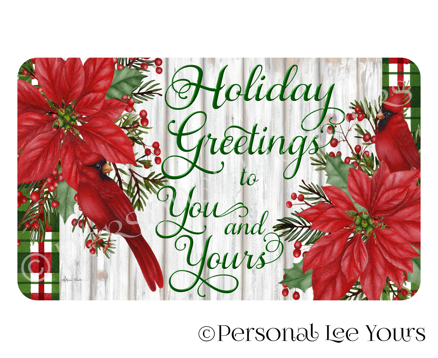 Christmas Wreath Sign * Holiday Greetings ~ Cardinals and Poinsettia * Horizontal * 3 Sizes * Lightweight Metal