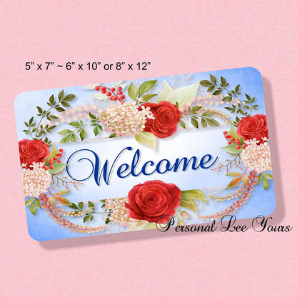 Metal Wreath Sign * Red Rose Welcome * 3 Sizes * Lightweight