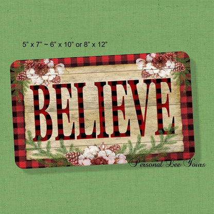 Metal Wreath Sign * Believe Buffalo Plaid Cotton * 3 Sizes * Lightweight