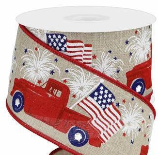 Wired Ribbon * Red Patriotic Truck * 2.5" x 10 Yards * RG0199701 * Canvas