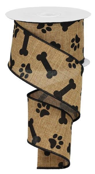 Wired Ribbon * Dog Paw Prints and Bones * Tan and Black * 2.5 x