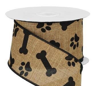 Wired Ribbon * Dog Paw Prints and Bones * Tan and Black * 2.5" x 10 Yards * RGA1148F2 * Canvas