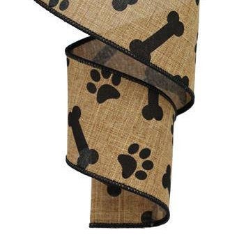 Wired Ribbon * Dog Paw Prints and Bones * Tan and Black * 2.5" x 10 Yards * RGA1148F2 * Canvas