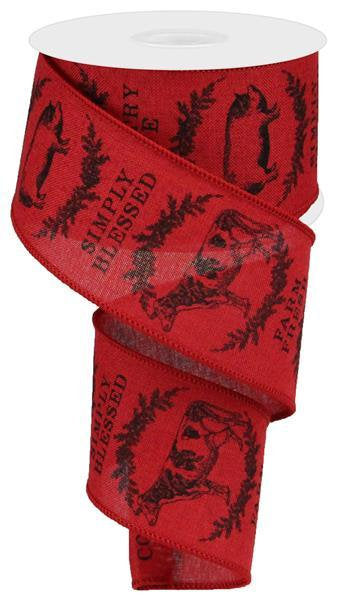 Wired Ribbon * Farmhouse Animals * Crimson and Black * Rooster, Pig and Cow * 2.5" x 10 Yards * RG01910H8 * Canvas