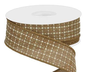 Wired Ribbon * Raised Stitched Squares * Tan and Cream * 1.5" x 10 Yards * RGA1044J1  * Canvas