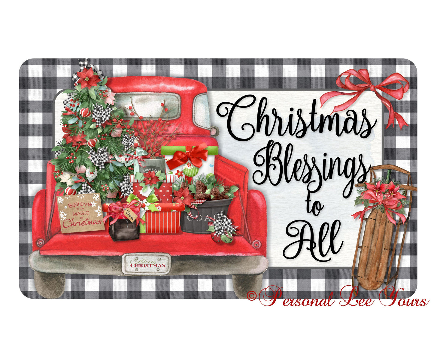 Holiday Wreath Sign * Christmas Blessings To All * Red Truck * 3 Sizes * Lightweight Metal