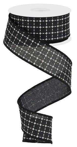 Wired Ribbon * Raised Stitched Squares * Black and White * 1.5" x 10 Yards * Canvas * RG0167702