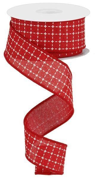Wired Ribbon * Raised Stitched Squares * Red and White * 1.5" x 10 Yards * Canvas * RG0167724
