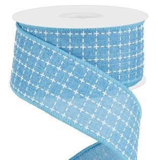 Wired Ribbon * Raised Stitched Squares * Turquoise and White * 1.5" x 10 Yards * Canvas * RG01677A2