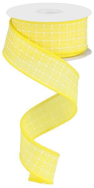 Wired Ribbon * Raised Stitched Squares * Yellow and White * 1.5" x 10 Yards * Canvas * RG0167729