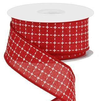 Wired Ribbon * Raised Stitched Squares * Red and White * 1.5" x 10 Yards * Canvas * RG0167724