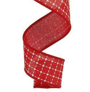 Wired Ribbon * Raised Stitched Squares * Red and White * 1.5" x 10 Yards * Canvas * RG0167724