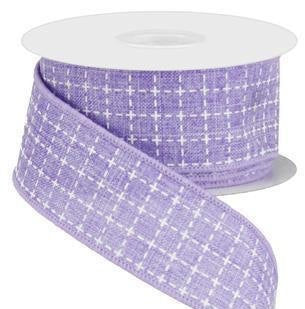 Wired Ribbon * Raised Stitched Squares * Lavender and White * 1.5" x 10 Yards * Canvas * RG0167713