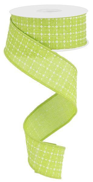 Wired Ribbon * Raised Stitched Squares * Lime and White * 1.5" x 10 Yards * Canvas * RG01677E9