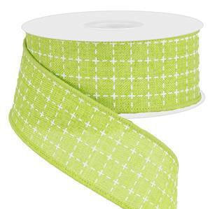 Wired Ribbon * Raised Stitched Squares * Lime and White * 1.5" x 10 Yards * Canvas * RG01677E9