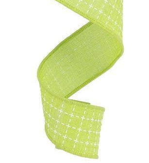 Wired Ribbon * Raised Stitched Squares * Lime and White * 1.5" x 10 Yards * Canvas * RG01677E9