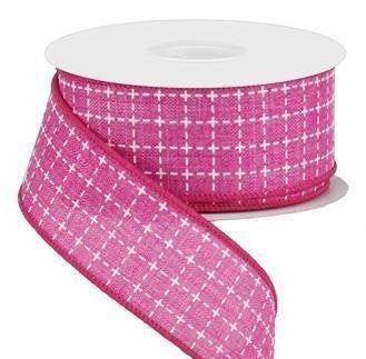Wired Ribbon * Raised Stitched Squares * Fuchsia and White * 1.5 x 10 Yards * Canvas * RG0167707
