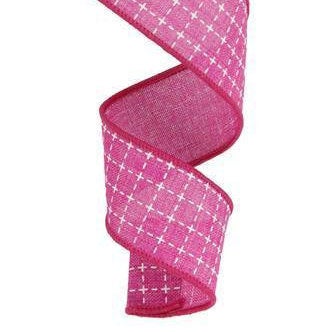 Wired Ribbon * Raised Stitched Squares * Fuchsia and White * 1.5 x 10 Yards * Canvas * RG0167707