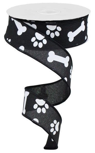 Wired Ribbon * Paw Prints & Bones * Black and White * 1.5" x 10 Yards * RGA115002