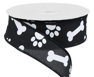 Wired Ribbon * Paw Prints & Bones * Black and White * 1.5" x 10 Yards * RGA115002