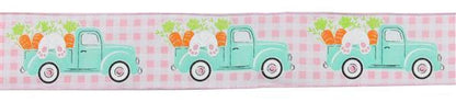 Easter Wired Ribbon * Truck With Bunny And Carrots on Pink Check * Canvas  * 2.5" x 10 Yards * RGA1603WT