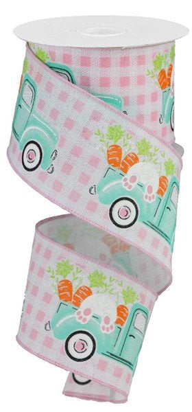Easter Wired Ribbon * Truck With Bunny And Carrots on Pink Check * Canvas  * 2.5" x 10 Yards * RGA1603WT