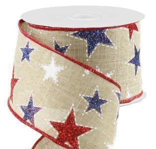 Patriotic Wired Ribbon * Dashed Glitter Stars * Beige, Red, White and Navy * 2.5" x 10 Yards * RG0165801 * Canvas