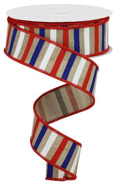Wired Ribbon * Horizontal Stripe * Beige. Red, White and Navy Canvas * 1.5" x 10 Yards * RGA1204A1