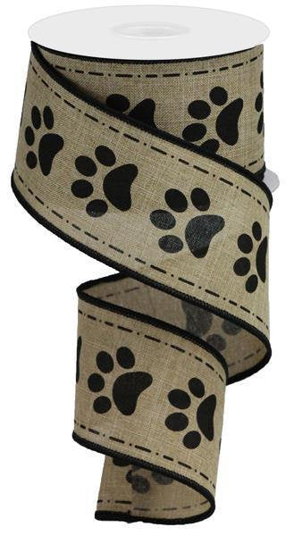 Wired Ribbon * Paw Prints on Canvas * Black and Beige * 2.5" x 10 Yards * RGA132201