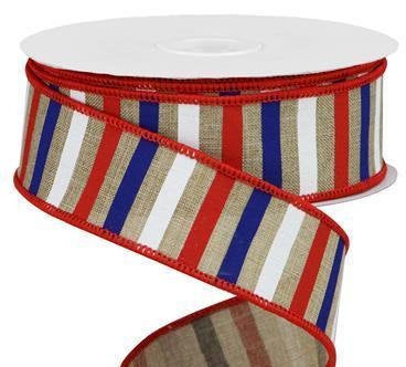 Wired Ribbon * Horizontal Stripe * Beige. Red, White and Navy Canvas * 1.5" x 10 Yards * RGA1204A1