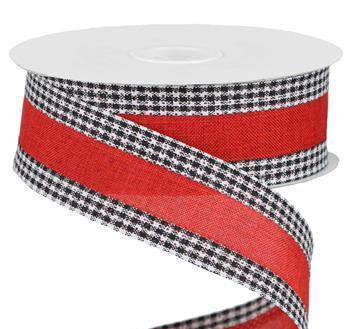 Wired Ribbon * Faux Burlap with Gingham Edge * Red, Black and White Canvas * 1.5" x 10 Yards * RGA1098MA