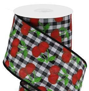 Wired Ribbon * Cherries on Gingham * Black, White, Red and Green Canvas * 2.5" x 10 Yards * RGA164702