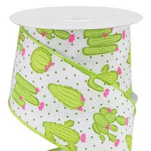 Wired Ribbon * Cactus * White, Green, Pink and Yellow Canvas * 2.5" x 10 Yards * RGA163827