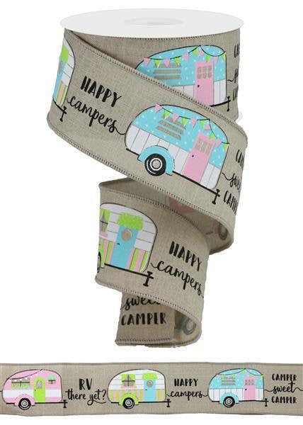 Wired Ribbon * Happy Camper * Natural, White, Pink, Green