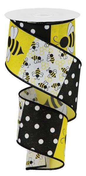 Wired Ribbon * Bumble Bees  Block * White, Yellow and Black Canvas * 2.5" x 10 Yards * RGA194727