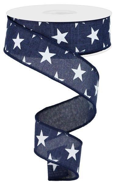 Wired Ribbon * Stars * Navy and White Canvas * 1.5"  x 10 Yards * RGA111519