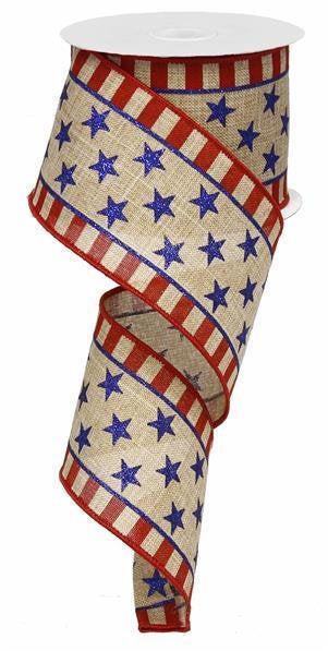 Wired Ribbon * Glitter Stars and Stripes * Red, Blue and Beige Canvas * 2.5" x 10 Yards * RG01253H6