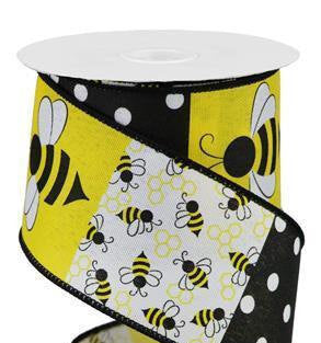 Wired Ribbon * Bumble Bees  Block * White, Yellow and Black Canvas * 2.5" x 10 Yards * RGA194727