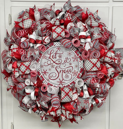 Winter Wreath Sign * Let It Snow ~ Red and Grey * Round * Lightweight Metal