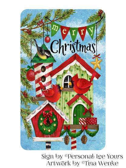 Tina Wenke Exclusive Sign * Merry Christmas Birdhouse Trio * Vertical * 4 Sizes * Lightweight Metal