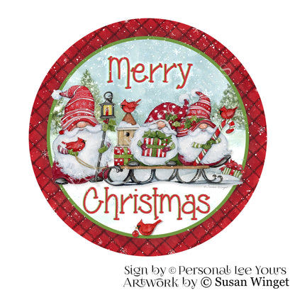 Susan Winget Exclusive Sign * Merry Christmas Gnomes * Sled * Round * Lightweight Metal