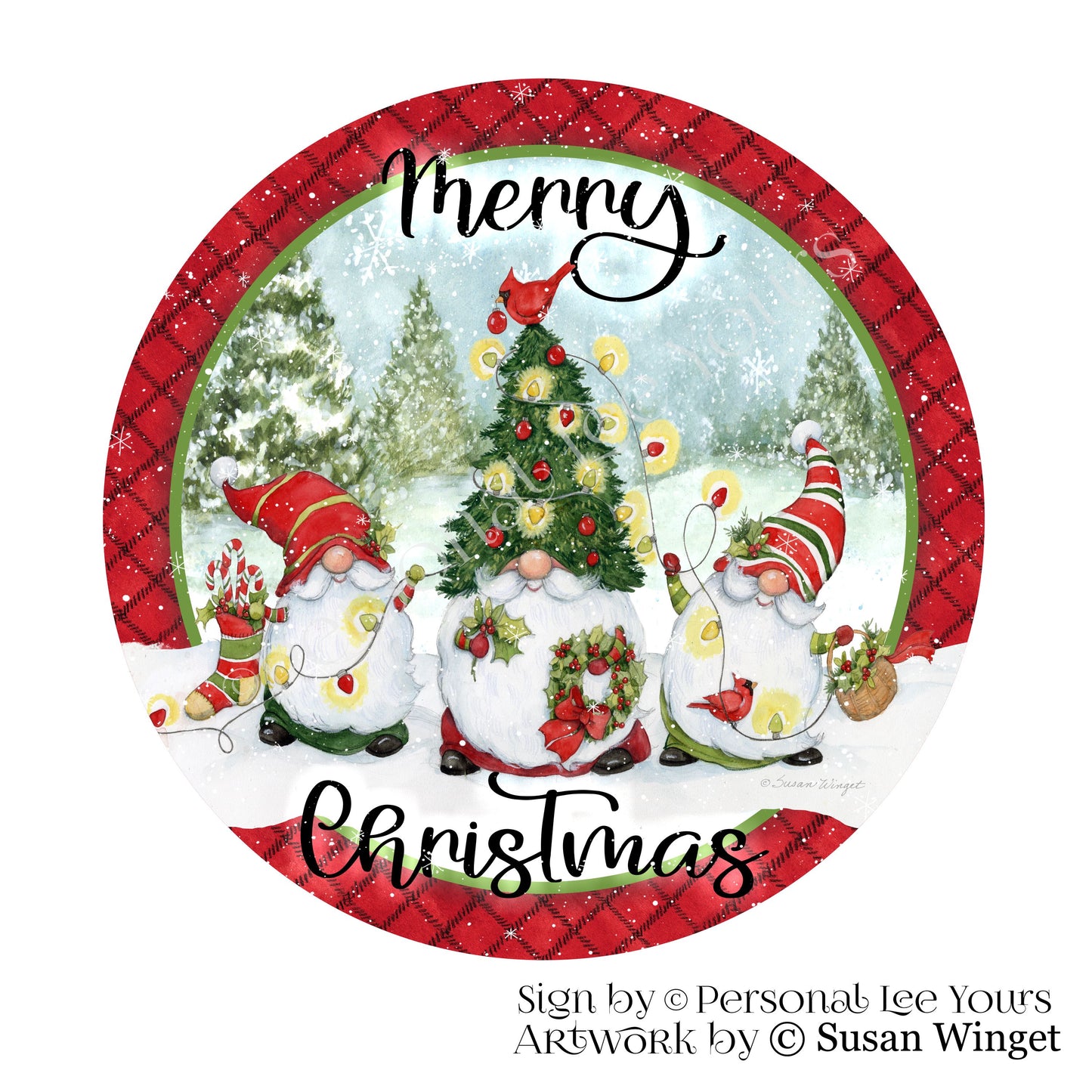 Susan Winget Exclusive Sign * Merry Christmas Gnomes * Tree * Round * Lightweight Metal