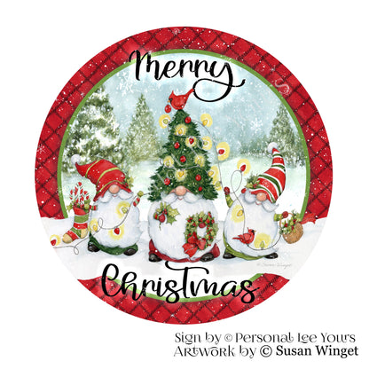 Susan Winget Exclusive Sign * Merry Christmas Gnomes * Tree * Round * Lightweight Metal