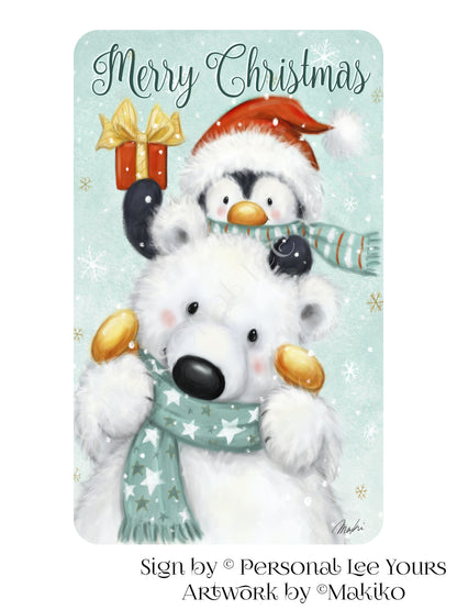 Makiko Exclusive Sign * Merry Christmas Polar Bear and Penguin * 3 Sizes * Lightweight Metal